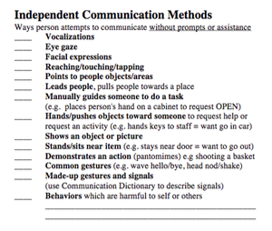 This section of the Inventory of Functional Communication is designed to collect information on modes of communication used such as vocalization, eye gaze and facial expression.