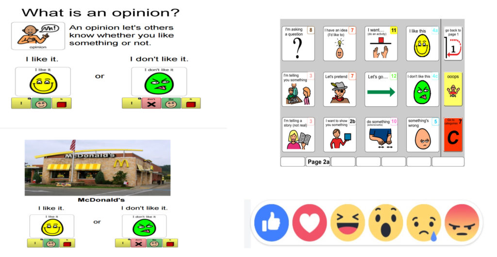 Images depicting symbols for giving opinions, including emoji symbols from Facebook.