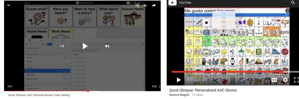 Screenshots from Quick Glimpse videos showing AAC screens in edit mode.