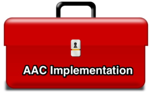 clipart image of a closed red toolbox with the words "AAC implementation" on the front